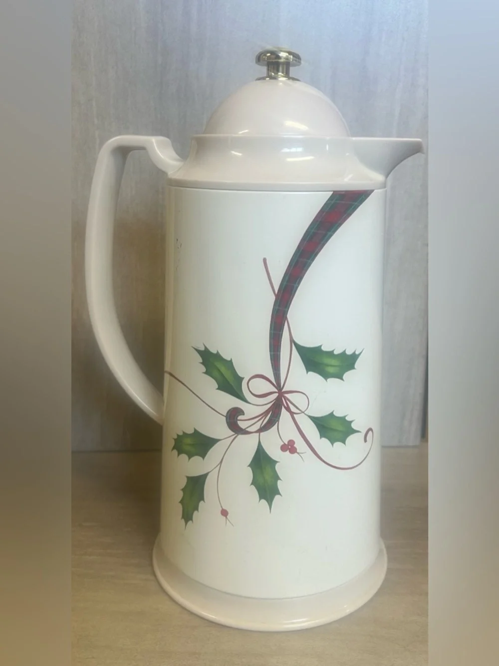 Lenox White Holiday Holly Pitcher with Green and Red Tartan Accent